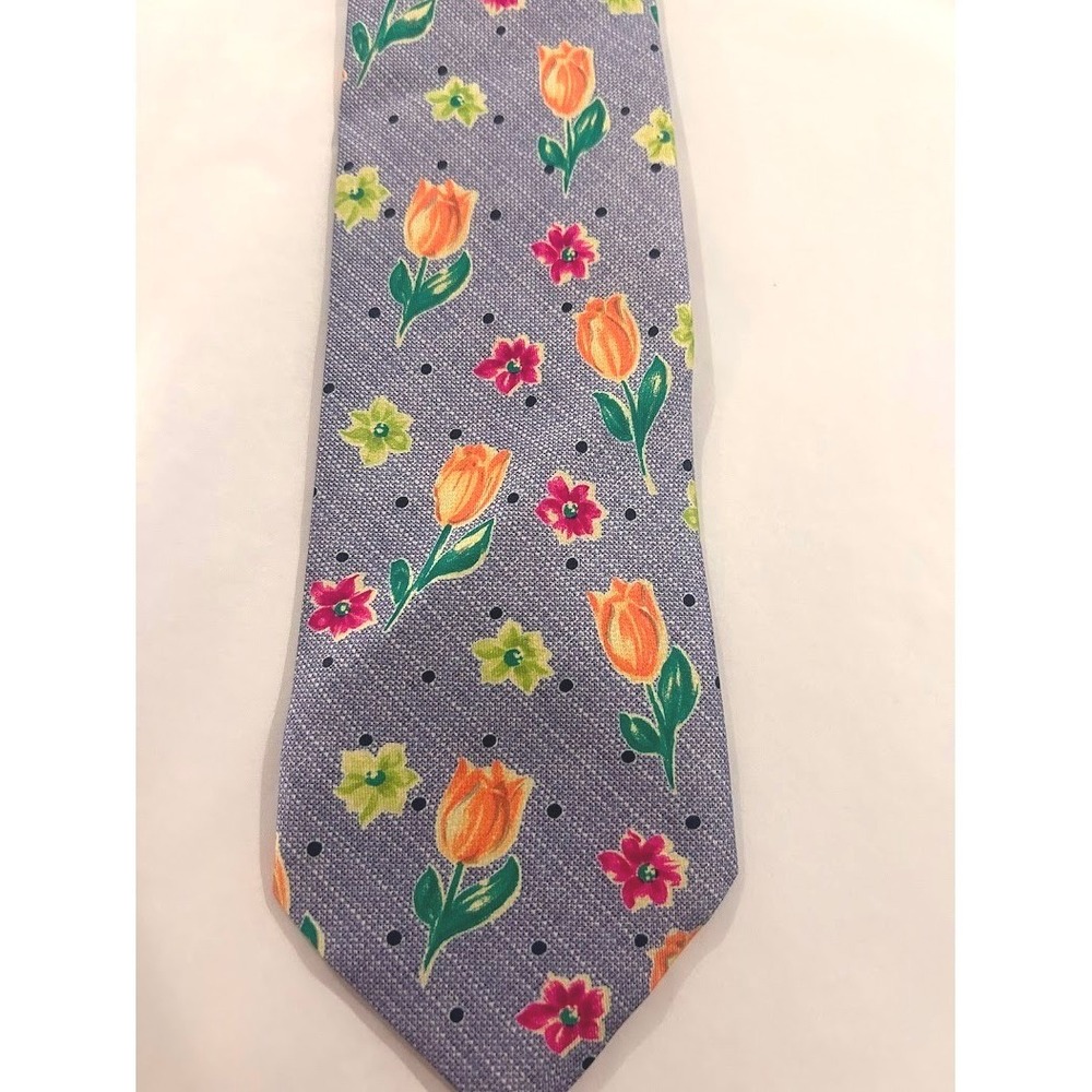 Marks & Spencer Mens Silk Tie Blue‎ Grey Orange Tulip Floral Polka Dot Print - Picture 2 of 8